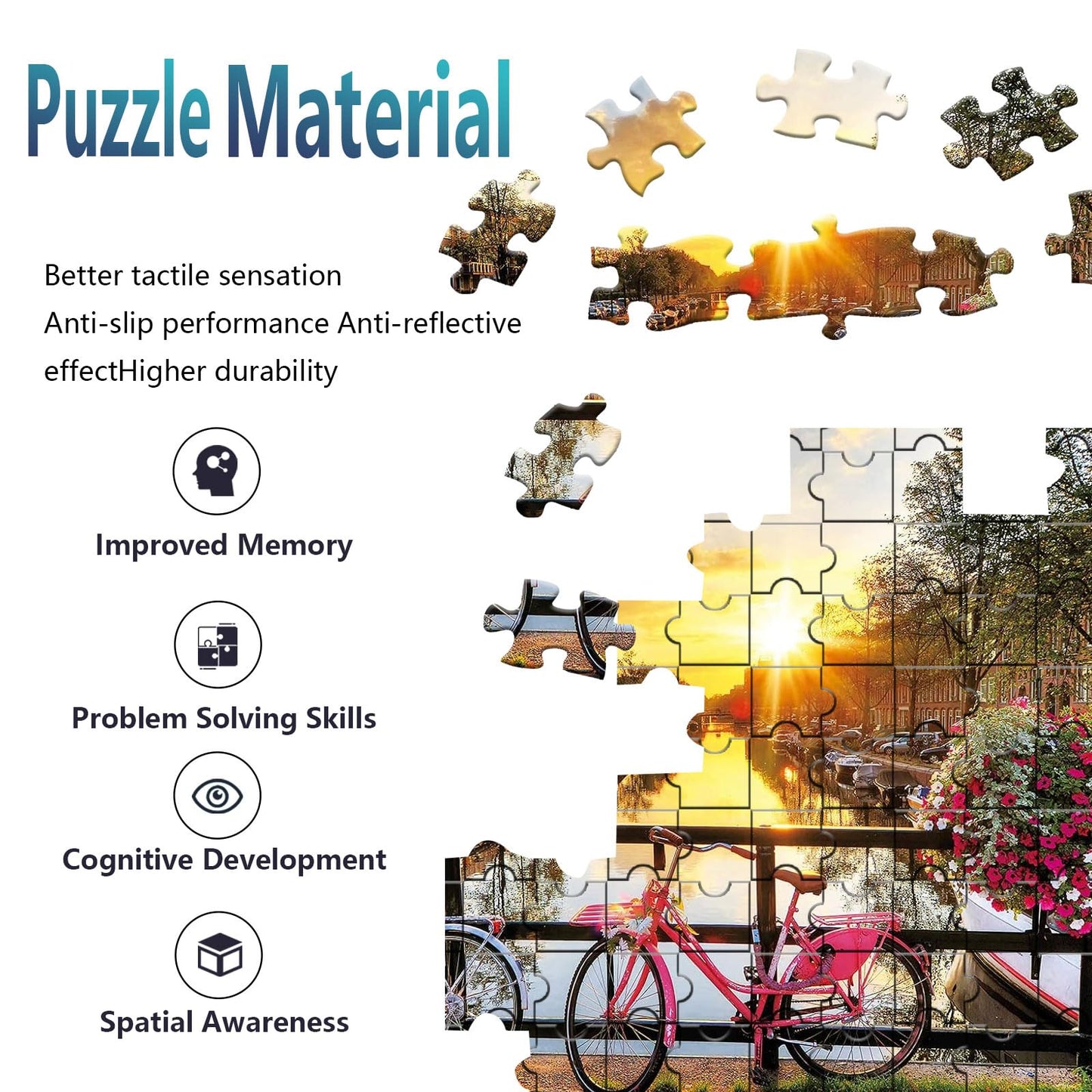 Diiopoty Puzzles for Adults Jigsaw 500 Piece Amsterdam Spring Quiet River Sunrise Flower with Bicycles for Family Fun Games Chal