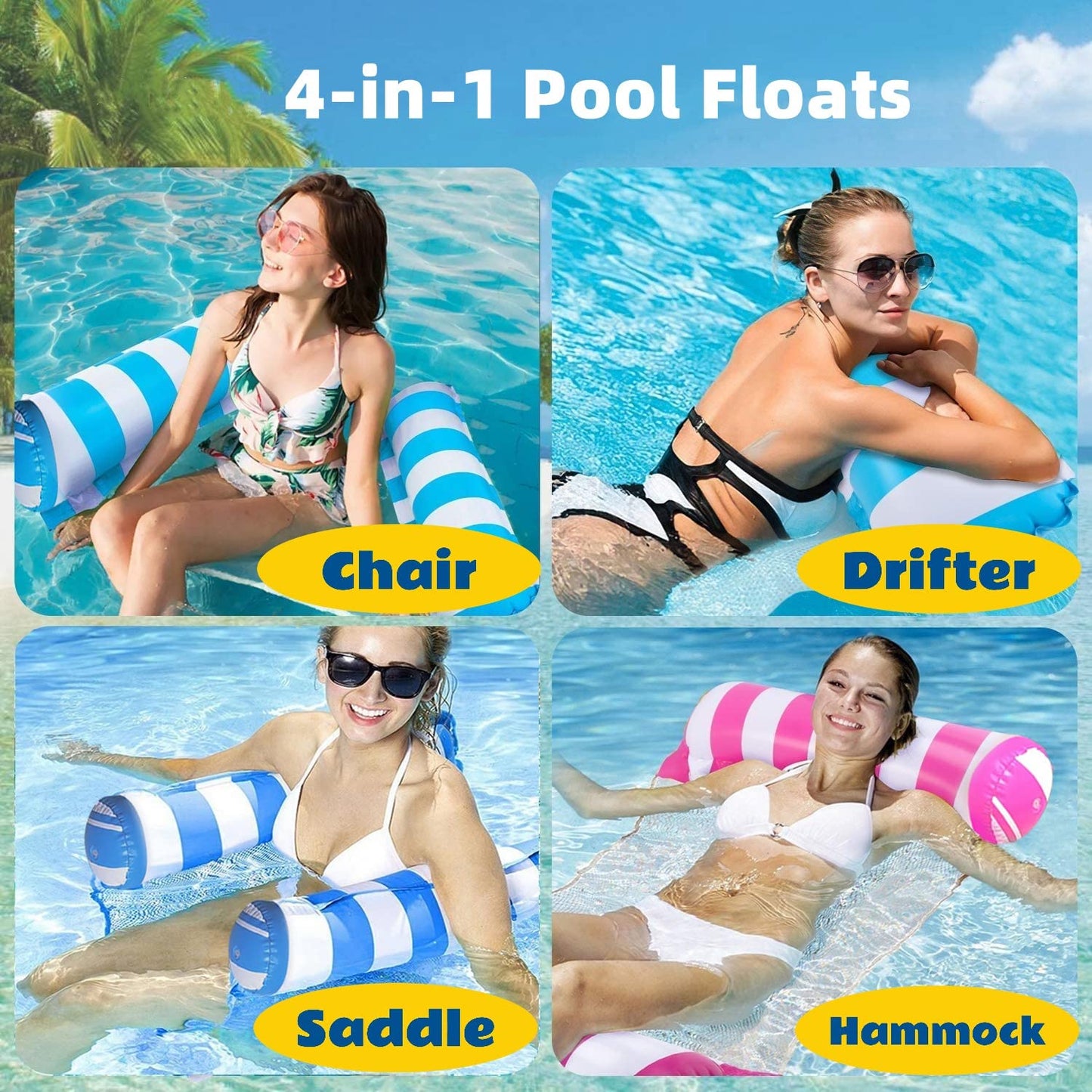?4 Pack? Inflatable Pool Floats Hammock, Water Hammock Lounges, Multi-Purpose Swimming Pool Accessories(Saddle, Lounge Chair, Ha