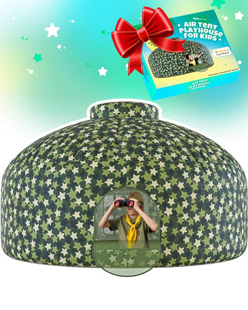 Skywin Air Tent Fort Playhouse For Kids (Camo Stars) - Inflatable Kids Fort Sets Up And Stores Away In Seconds (Fan Not Included) (With Door)