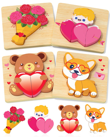 Oomloid Toddler Valentines Wooden Puzzles Gifts For Kids, 4 Pack Valentines Day Toys Valentines Gifts For Kids Classroom, Valent