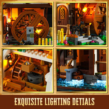 Funwhole Medieval Water-Mill Lighting Building-Bricks Set - Middle Age Milling House Collection Led Light Building Construction
