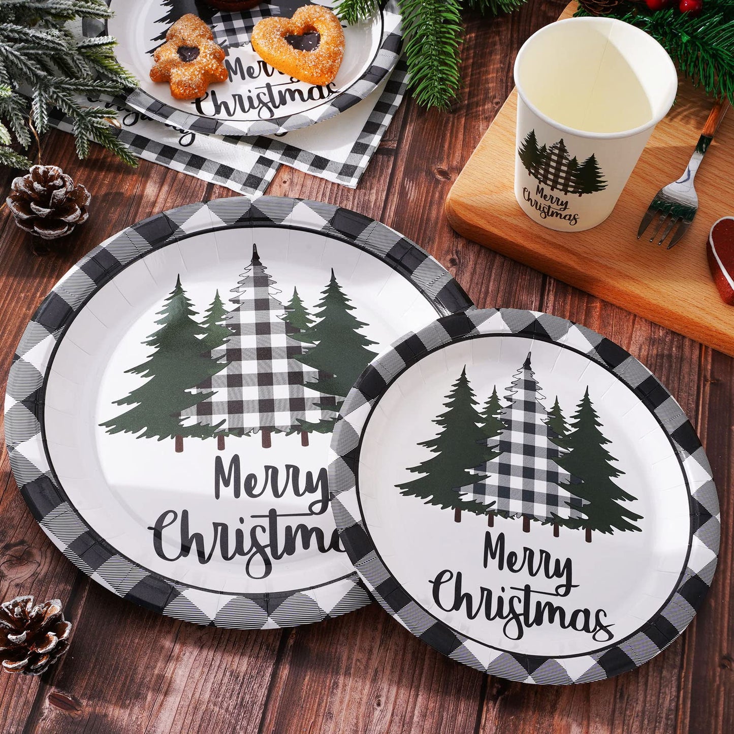 Whaline 100Pcs Christmas Tableware Set Buffalo Plaid Xmas Tree Disposable Dinnerware Set 50Pcs Paper Plates 25Pcs Napkin 25Pcs C