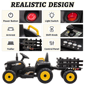 Tobbi Kids Electric Ride On Toy Tractor, 12V Battery-Powered 4 Wheels Ride On Car With Trailer For Toddlers 3-6 Years-Black
