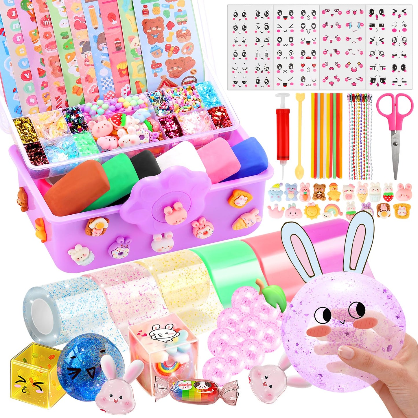 Lokuc Nano Tape Bubble Kit For Kids, 19.7Ft Nano Tape With Box, Nano Tape Squishy Maker Kit With Glitter, Clay, Beads, Stickers
