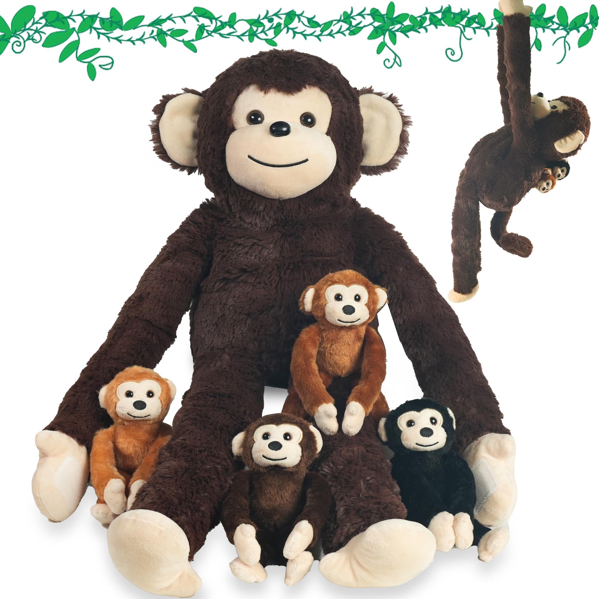 Xyhqyb Monkey Stuffed Animals With Babies Inside, 5 Piece Set Of Mommy And Baby Monkeys Plush In Zippered Pouch, Nurturing Stuff