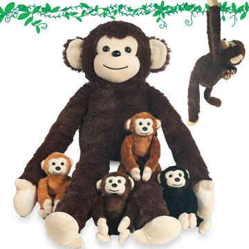 Xyhqyb Monkey Stuffed Animals With Babies Inside, 5 Piece Set Of Mommy And Baby Monkeys Plush In Zippered Pouch, Nurturing Stuff