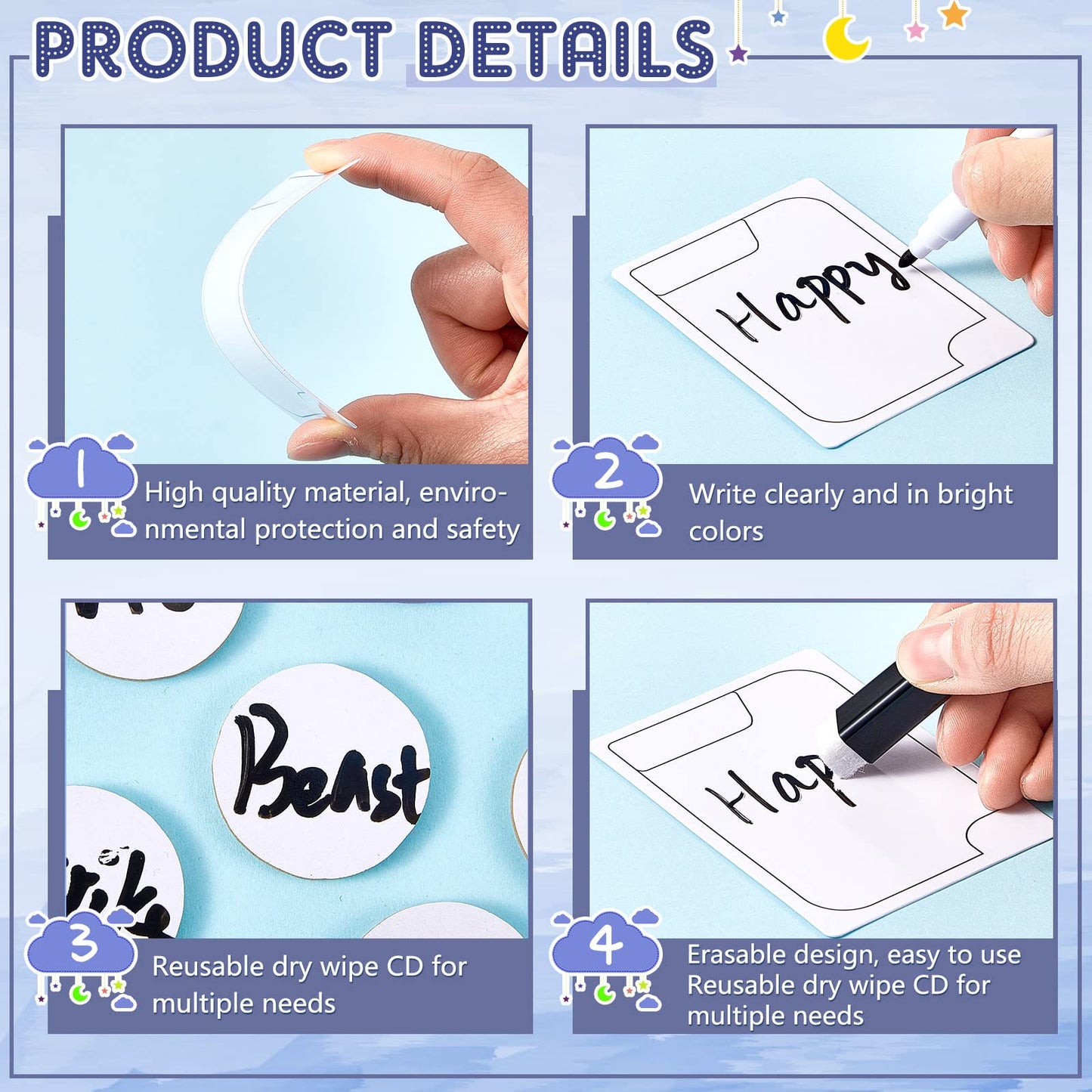 Teling 24 Pcs Reusable Cards Multifunctional Tokens Dry Erase Cards White Blank Flash Cards Erasable Index Cards, 24 White Erasable Plastic Counters Gaming Tokens Discs And 5 Marker Pens For Game
