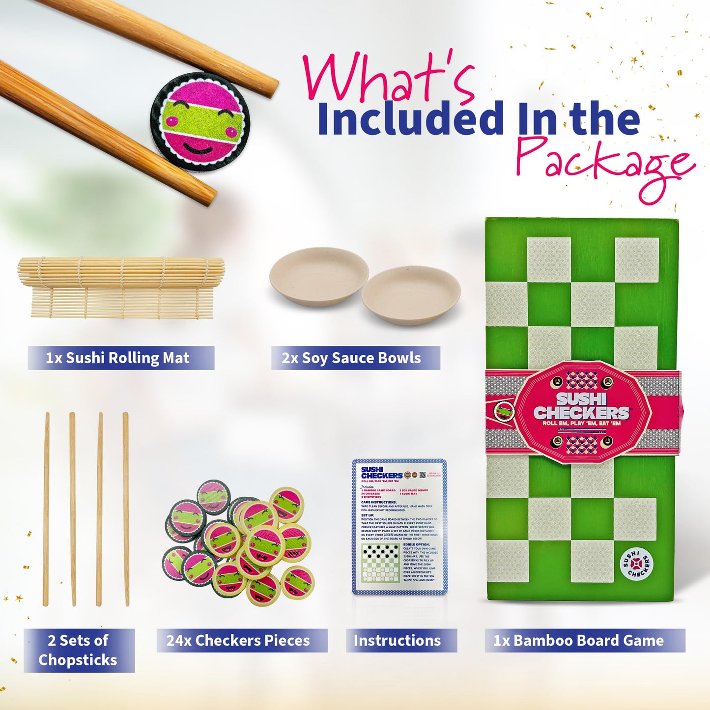 Project Genius: Sushi Checkers - Game & Sushi Making Set, Folding Bamboo Game Board, 24 Checkers & Chopsticks Set, Adults & Kids