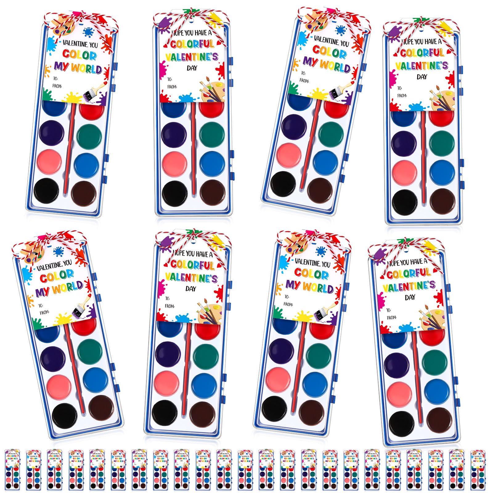 Sabary 28 Pack Valentines Day Watercolor Paint Sets Gifts Washable Watercolor Paintings with Card and 20 Meters Red Rope for Art