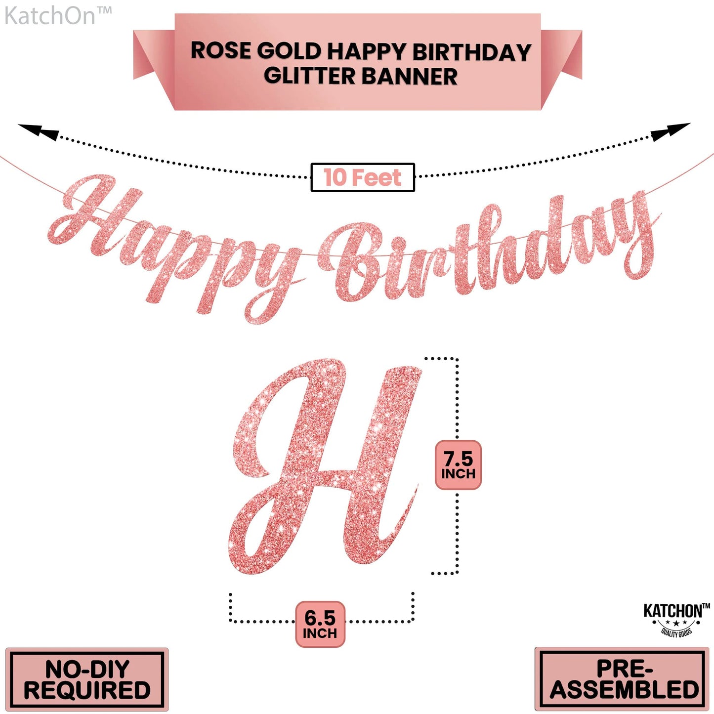 Katchon, Cursive Glitter Rose Gold Happy Birthday Banner - Pre-Strung, 10 Feet, No Diy | Pink Happy Birthday Banner For Rose Gold Birthday Decorations | Happy Birthday Sign, Happy Birthday Decorations