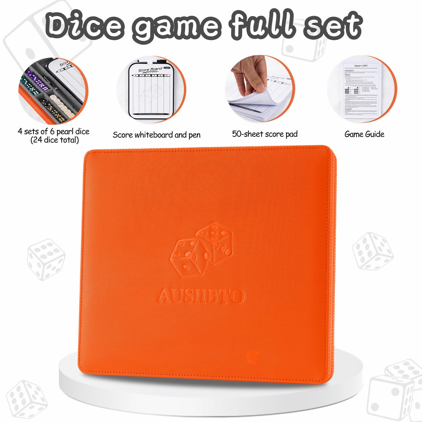 AUSIIBTO Dice Tray and Storage Case for Farkle Game - Includes Embedded Scoring Combinations, 4 Sets of 6 Pearl Dice, 50 Sheet S