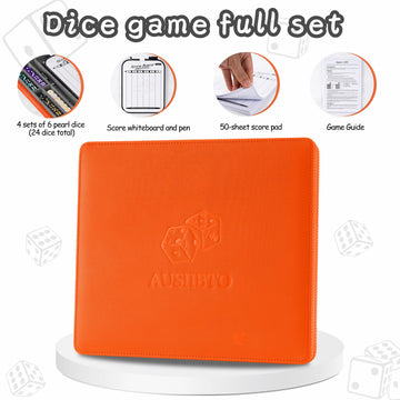 AUSIIBTO Dice Tray and Storage Case for Farkle Game - Includes Embedded Scoring Combinations, 4 Sets of 6 Pearl Dice, 50 Sheet S