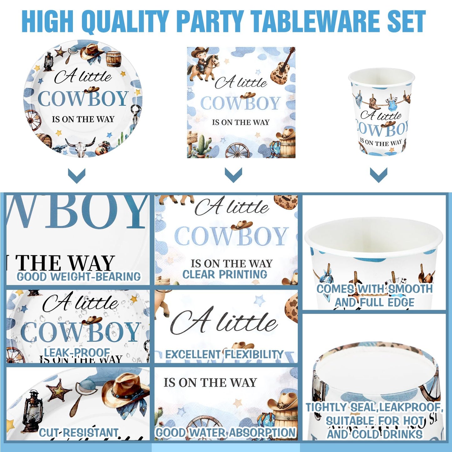Hushee 200 Pcs a Little Cowboy Is on the Way Baby Shower Paper Plates Napkins Cups Cowboy Baby Shower Party Supplies Tableware S