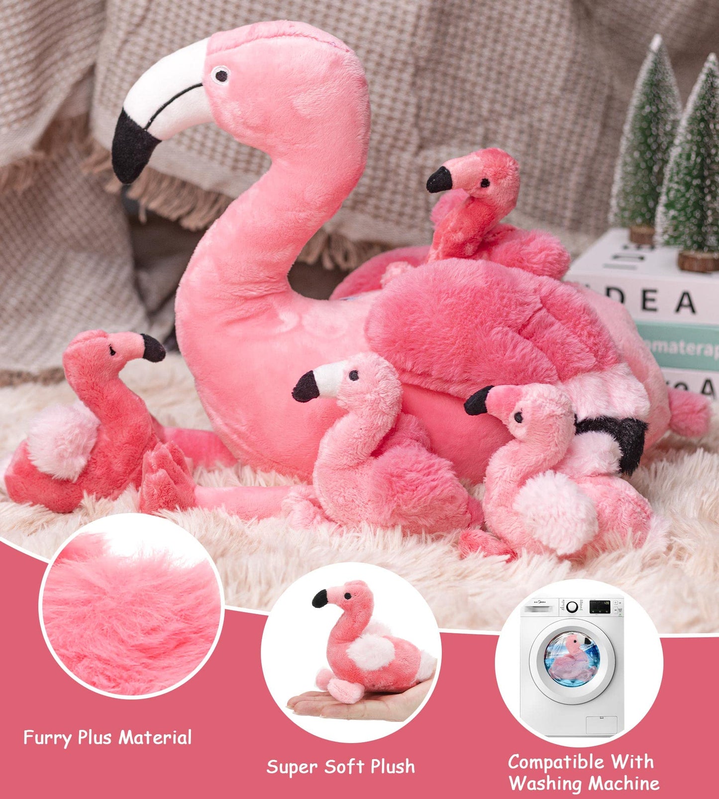 Qpewep 21-Inch Pink Flamingo Stuffed Animal with 4 Plush Babies - Soft, Machine Washable, Perfect for Kids' Birthdays and Zoo Party Decor