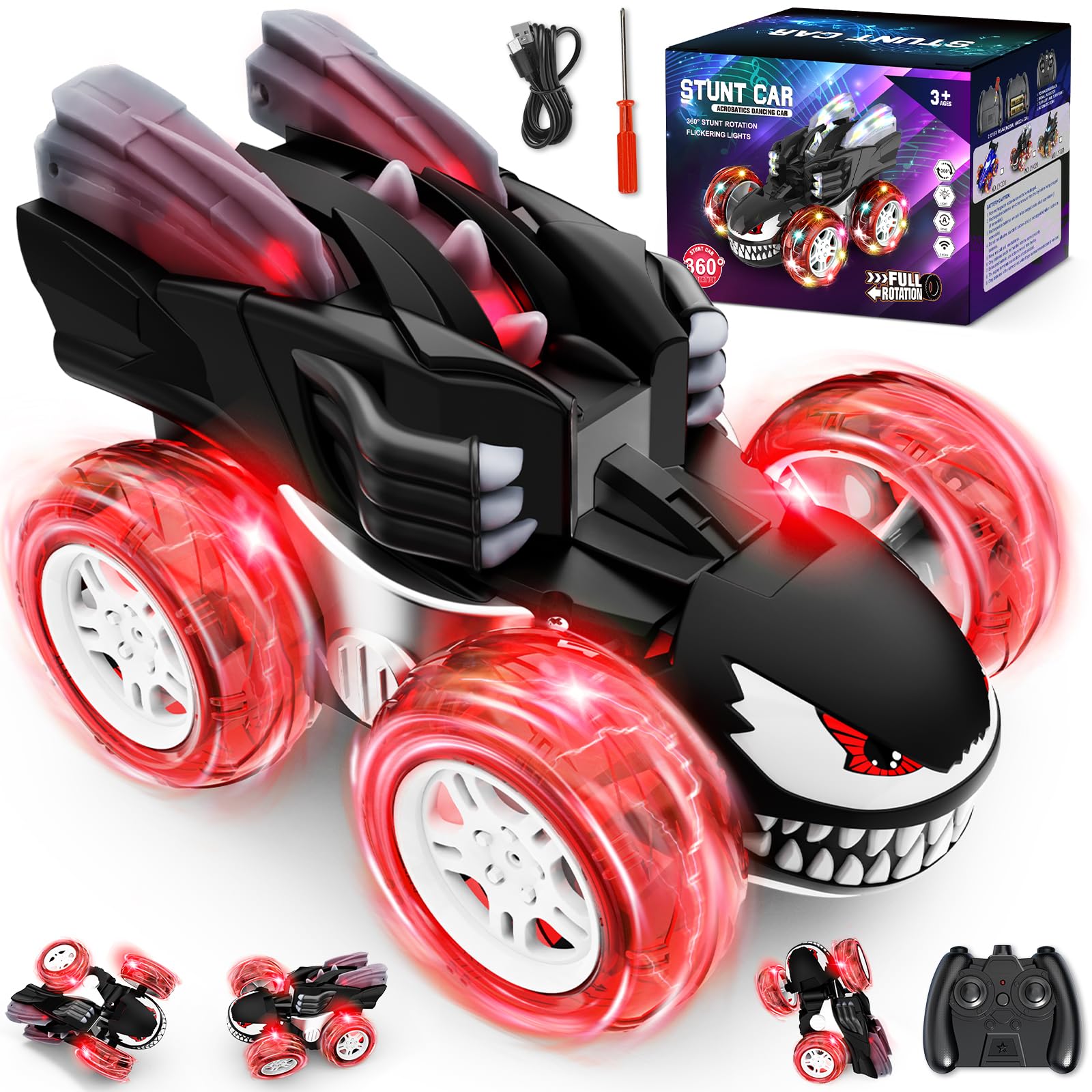 Innofans Remote Control Car for Boys, 360 Rotating 4WD Stunt RC Cars with Cute Cool LED Lights, 2.4GHz Rechargeable Car Toys Bir