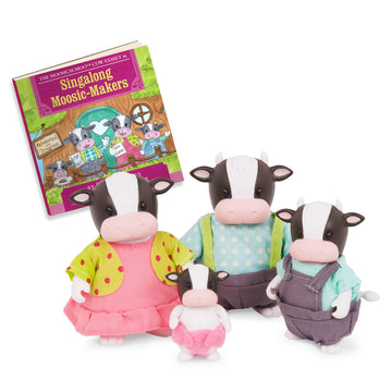 Li'L Woodzeez – The Moosicalmoo Cow Family – Non Flocked – Set Of 4 Collectible Posable Cow Figures With Storybook – Pretend Play Doll Figures – Gift Toy For Kids Age 3+