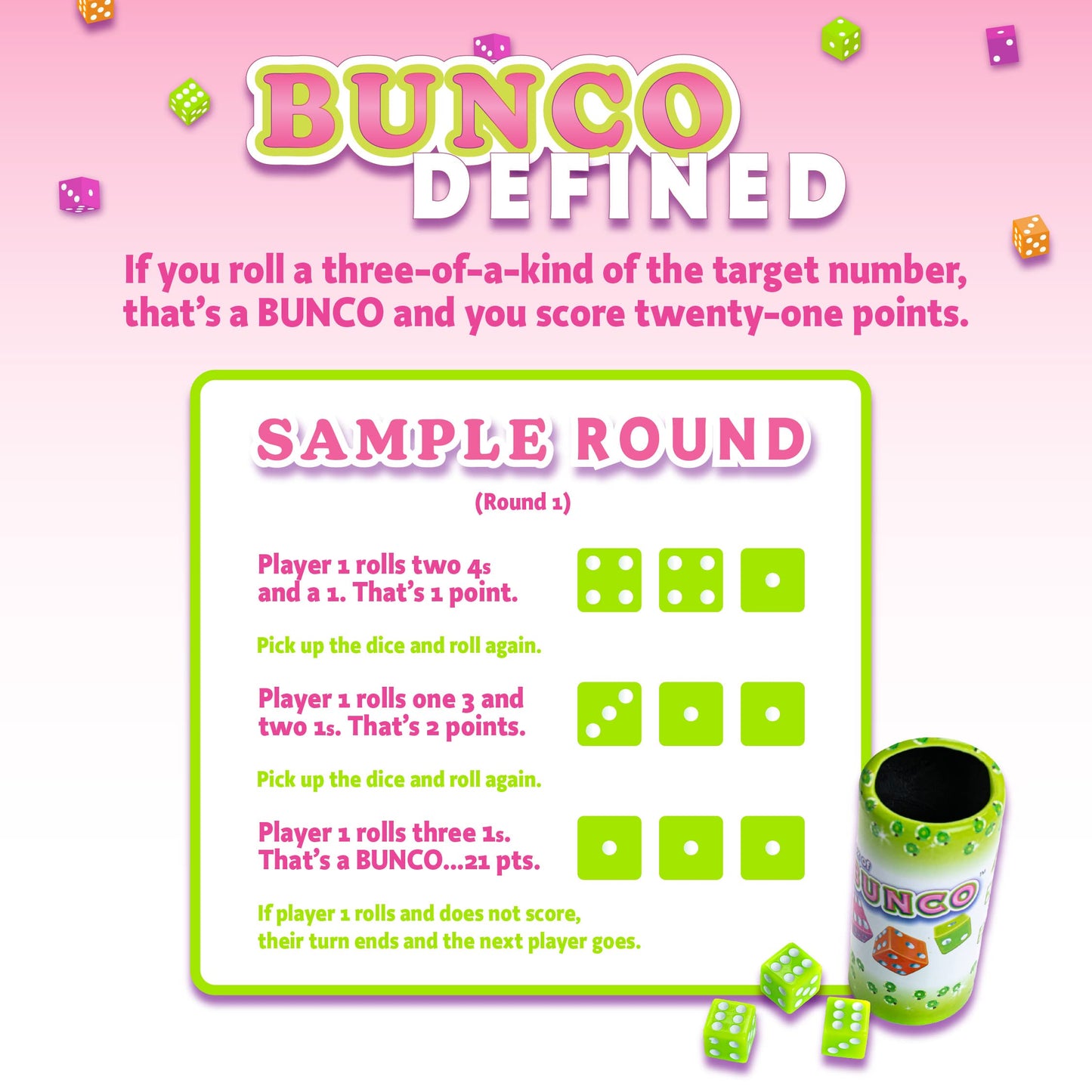 Continuum Games Retro Bunco Game Kit Party Box For Ladies Night 2-12 Players 3 Sets Of Bunco Dice, Bell, And Score Pad For Game Night