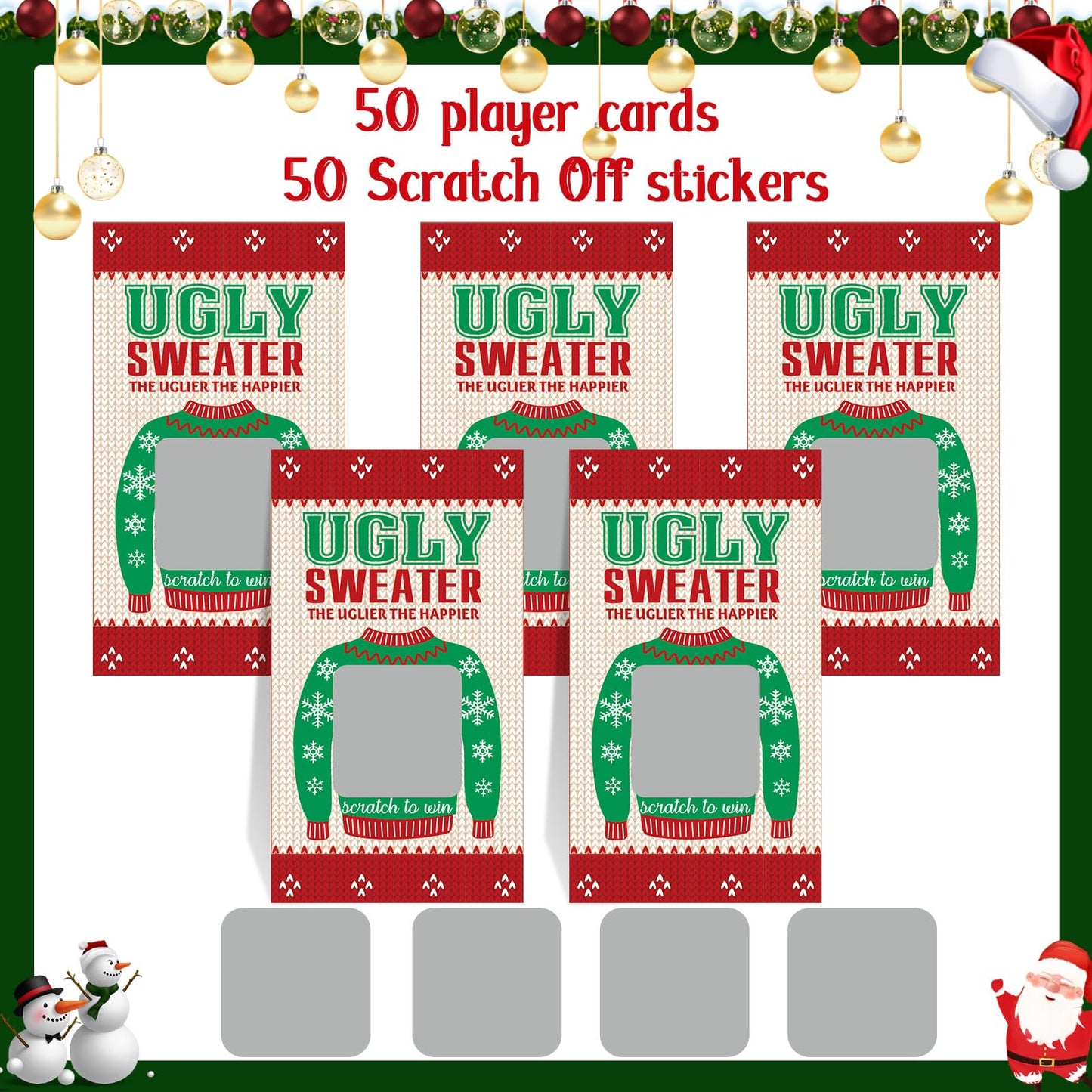 Outus 50 Pieces Christmas Scratch Off Cards Stickers Christmas Hawaii Party Games Vouchers Festive Raffle Tickets Holiday Business Prize Drawings For Kids Adults Families Events Groups (Ugly Sweater)