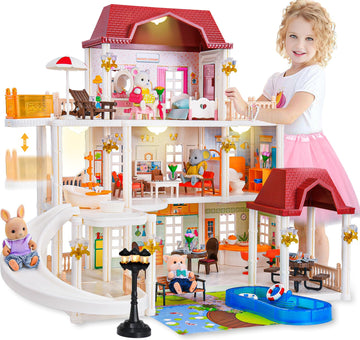 Tuzt Doll House For Girls Toddler Toys With 4 Doll Toy Figure, Pool Slide, Elevator, Furniture, Pretend Play Dream Dollhouse Pla