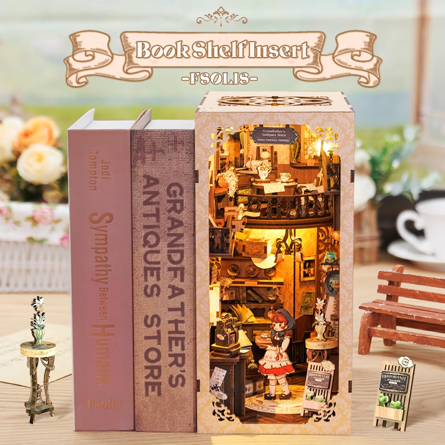 Fsolis Book Nook Kit, Diy Miniature House Kit Wooden Puzzle Booknook For Adults Decorative Bookend Bookshelf Alley Bookcase Deco