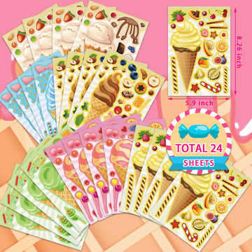 24 Sheets Ice Cream Stickers, Make-A-Face Stickers For Kids Toddlers, Make Your Own Mix And Match Stickers, Diy Summer Ice Cream