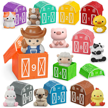 Learning Toy For Toddlers 1 2 3+ Years Old, 20 Pcs Farm Animal Barn Toy & Finger Puppets, Montessori Educational Toy For Kids,10 Animals & 10 Barns For Babies Boys Girls Easter Christmas Birthday Gift