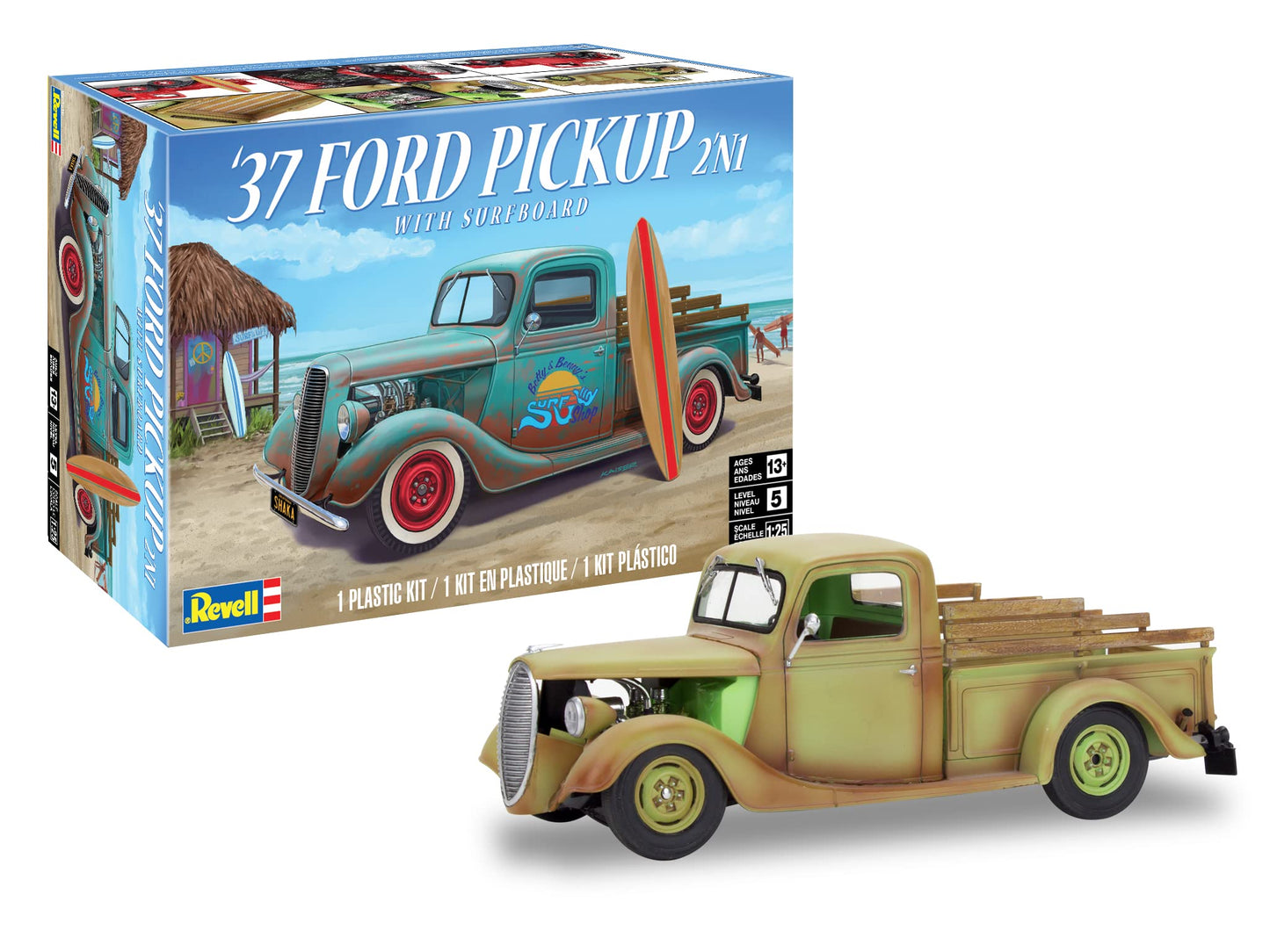 Revell 85-4516 1937 Ford Pickup Truck 2N1 W/Surf Board Model Car Kit 1:25 Scale 162-Piece Skill Level 4 Plastic Model Building Kit, Red