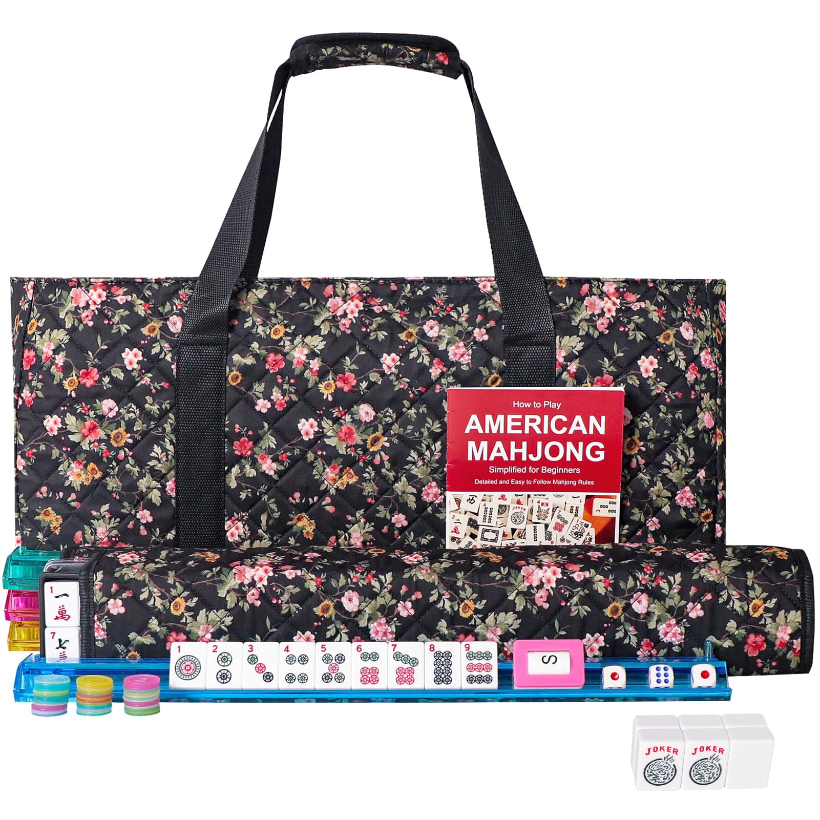 GUSTARIA American Mahjong Game Set  166 enhanced White Tiles  4 All-in-One Color Rack/Pushers  Complete Mahongg Tile Set Flower Printed Carrying Bag (Rectangular  Black)