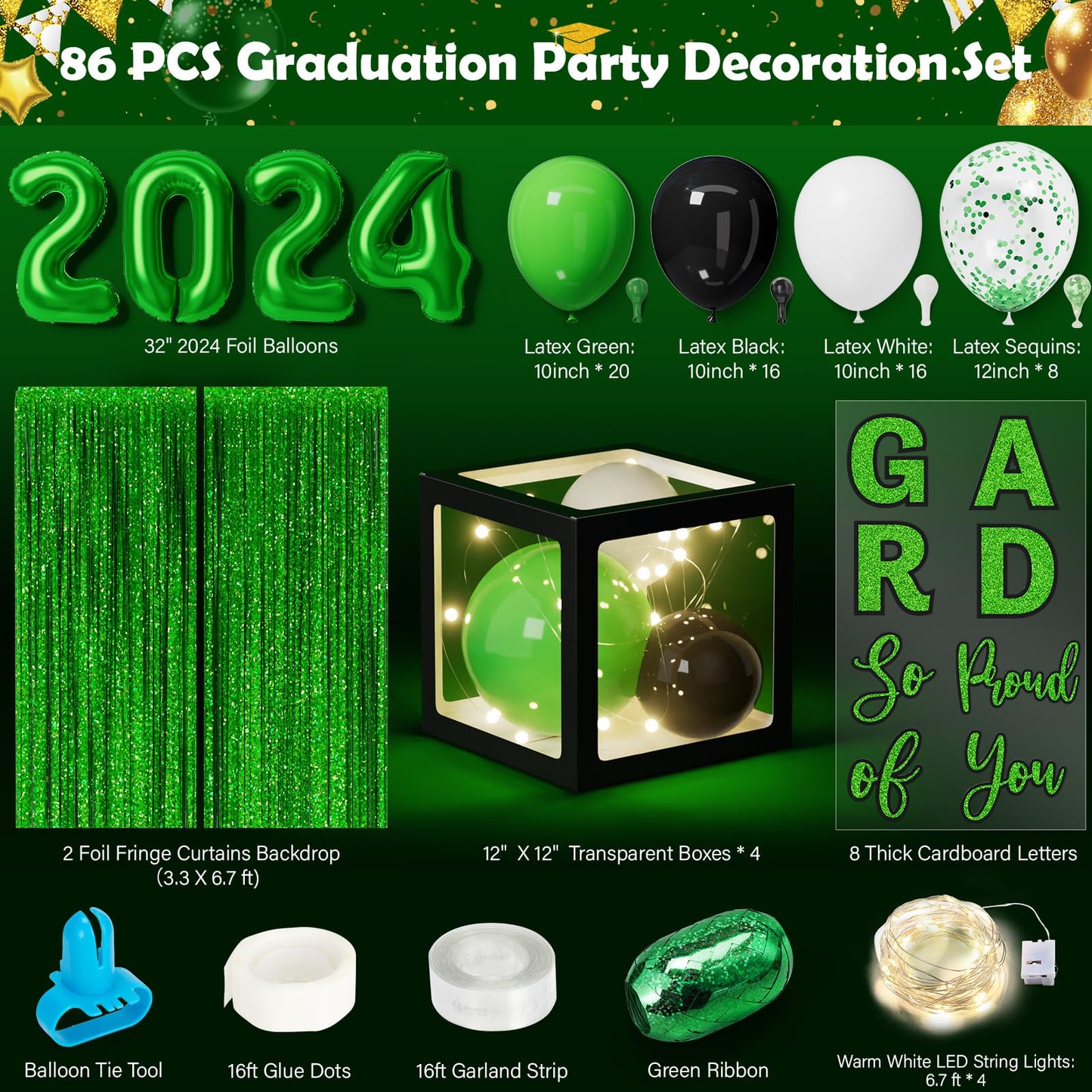Ecomore Graduation Party Decorations Class Of 2024-86 Pcs Grad Party Supplies Includes Led Light Strings Balloon Block Box With