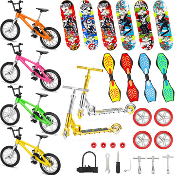 Skylety 31 Pieces Mini Finger Toys Set For Boy Girl Includes 6 Finger Skateboards, 4 Bikes, 2 Mini Scooters 4 Swing Board 8 Matched Wheels 7 Tool Accessories Educational Toy Party Favor(Cool)