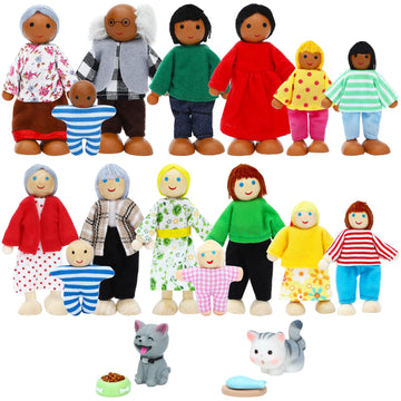 ONEST 20 Pieces Wooden Dollhouse Family Set Mini People Figures Dog Cat Sets Dollhouse Dolls Wooden Doll Family Pretend Play Fig