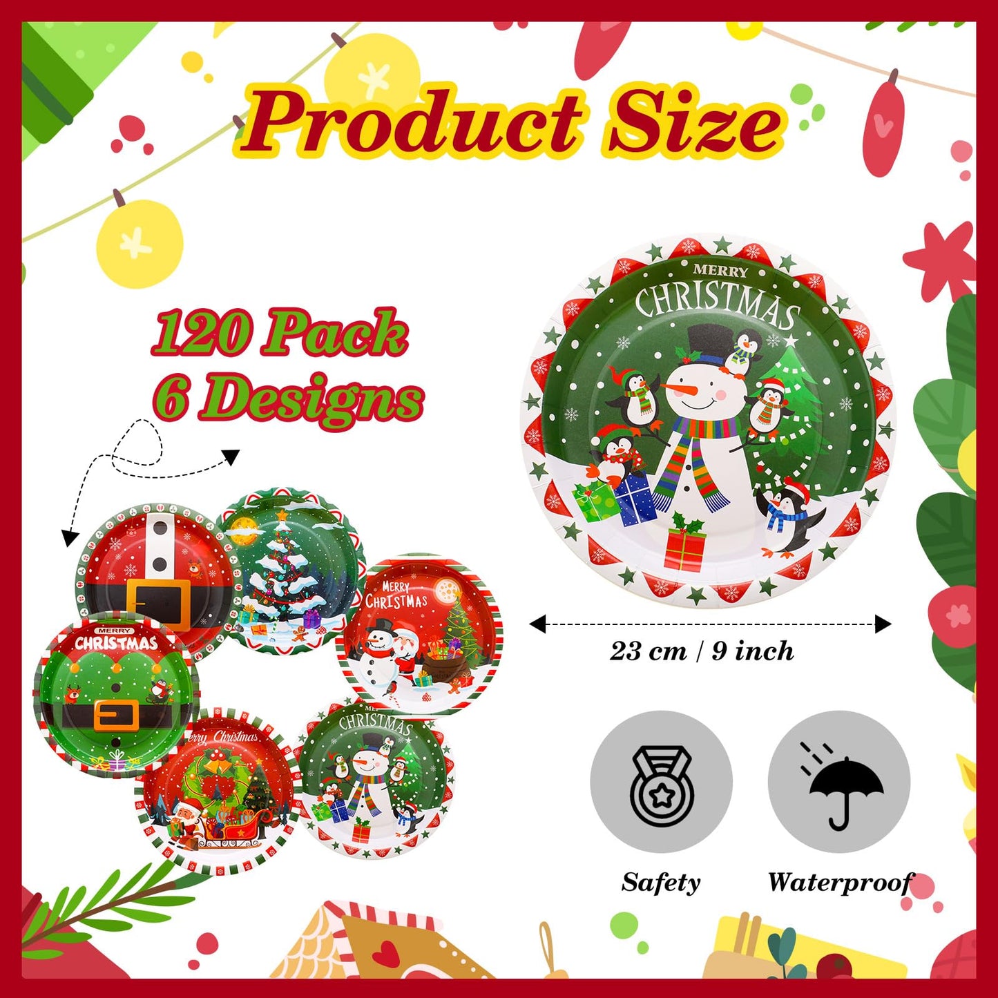 Sliner 120 Pcs Christmas Paper Plates 9 Inch Christmas Disposable Plates Xmas Paper Dessert Plates Santa Belt Elk Snowman Decora
