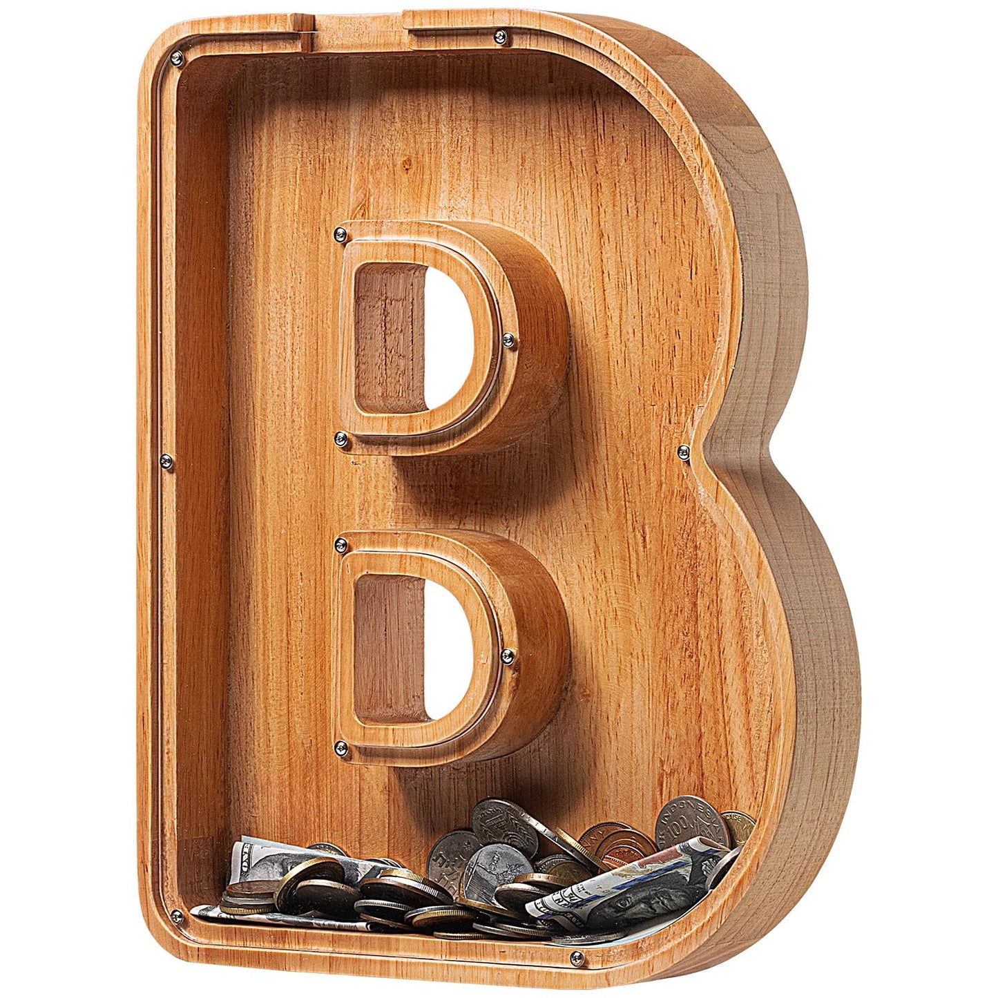 Piggy Bank For Kids Boys Girls, Large Personalized Wooden Letter Piggy Bank With Cut-Out Design, Alphabet Letter Coin Banks, Mon