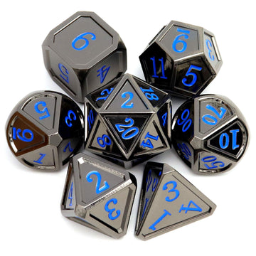 Haxtec Black Metal Dnd Dice Set D&D W/Gift Metal Case Polyhedral Dice For Dungeons And Dragons Ttrpg-Black Blue Numbers