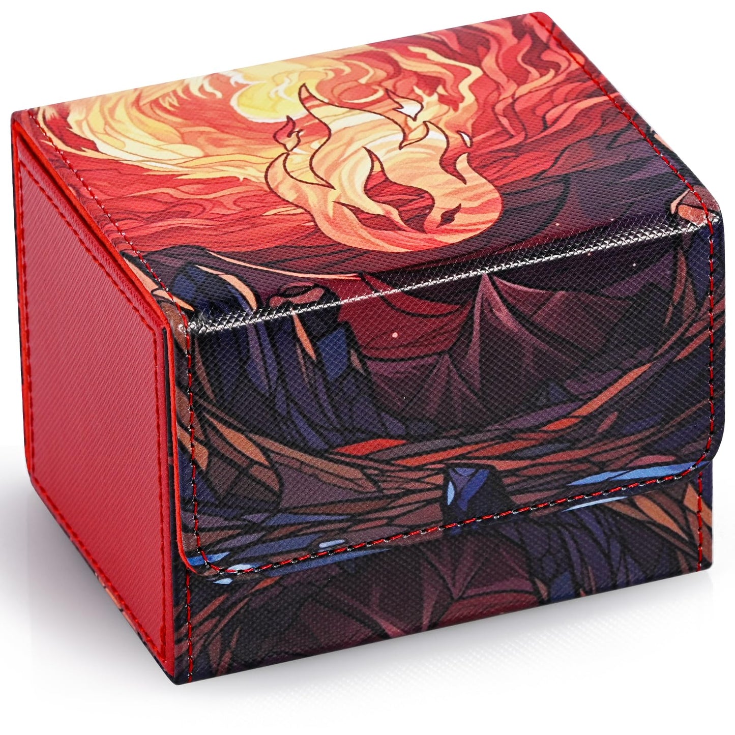 UAONO MTG Card Deck Box – Holds 120+ Sleeved Cards, Faux Leather, Red Flame, Includes 2 Dividers