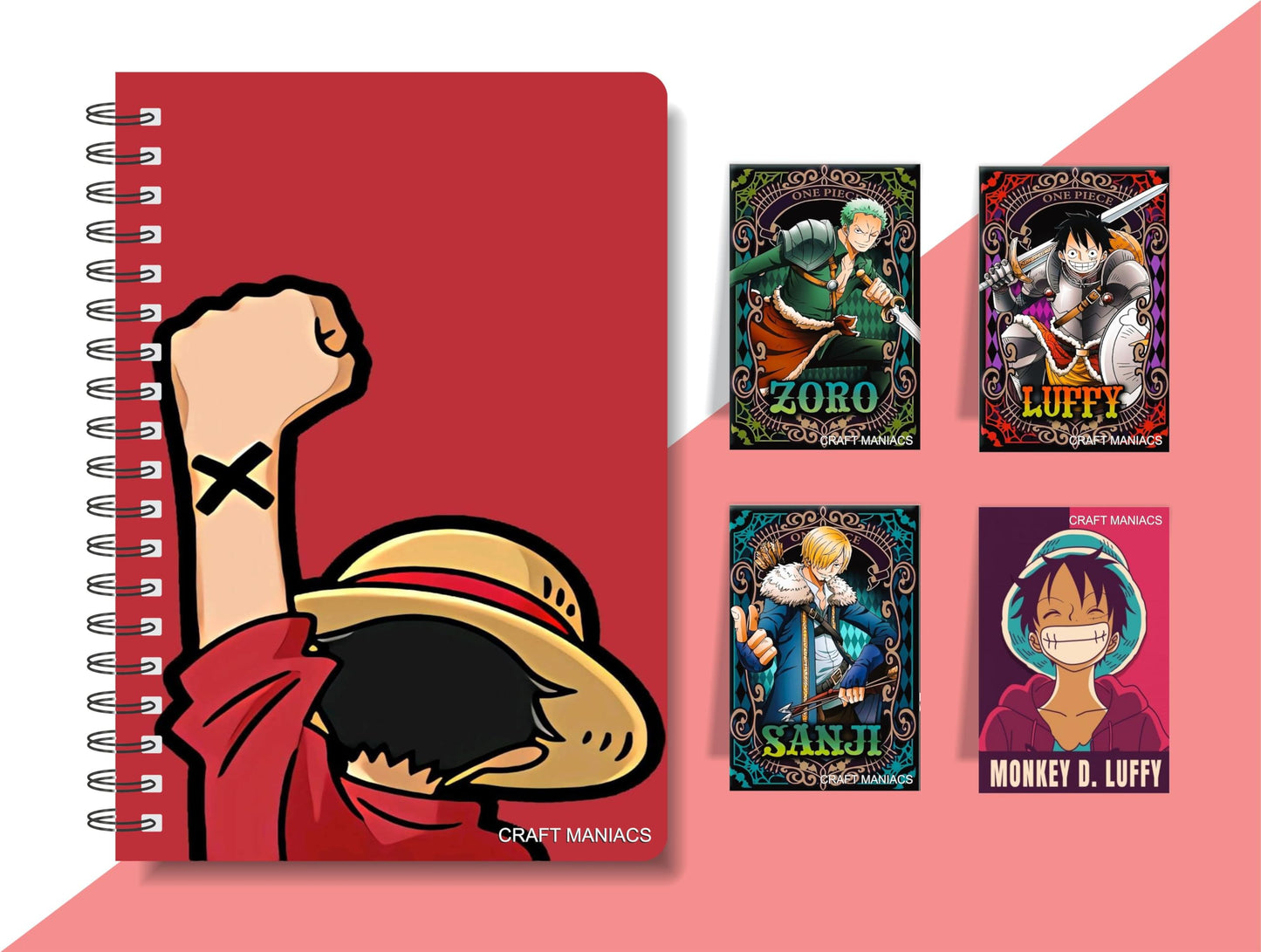 Craft Maniacs One Piece Monkey D Luffy Says Hey A5 Ruled 160 Pages Diary & Set Of 4 Magnetic Bookmarks | Best Anime Gift For One