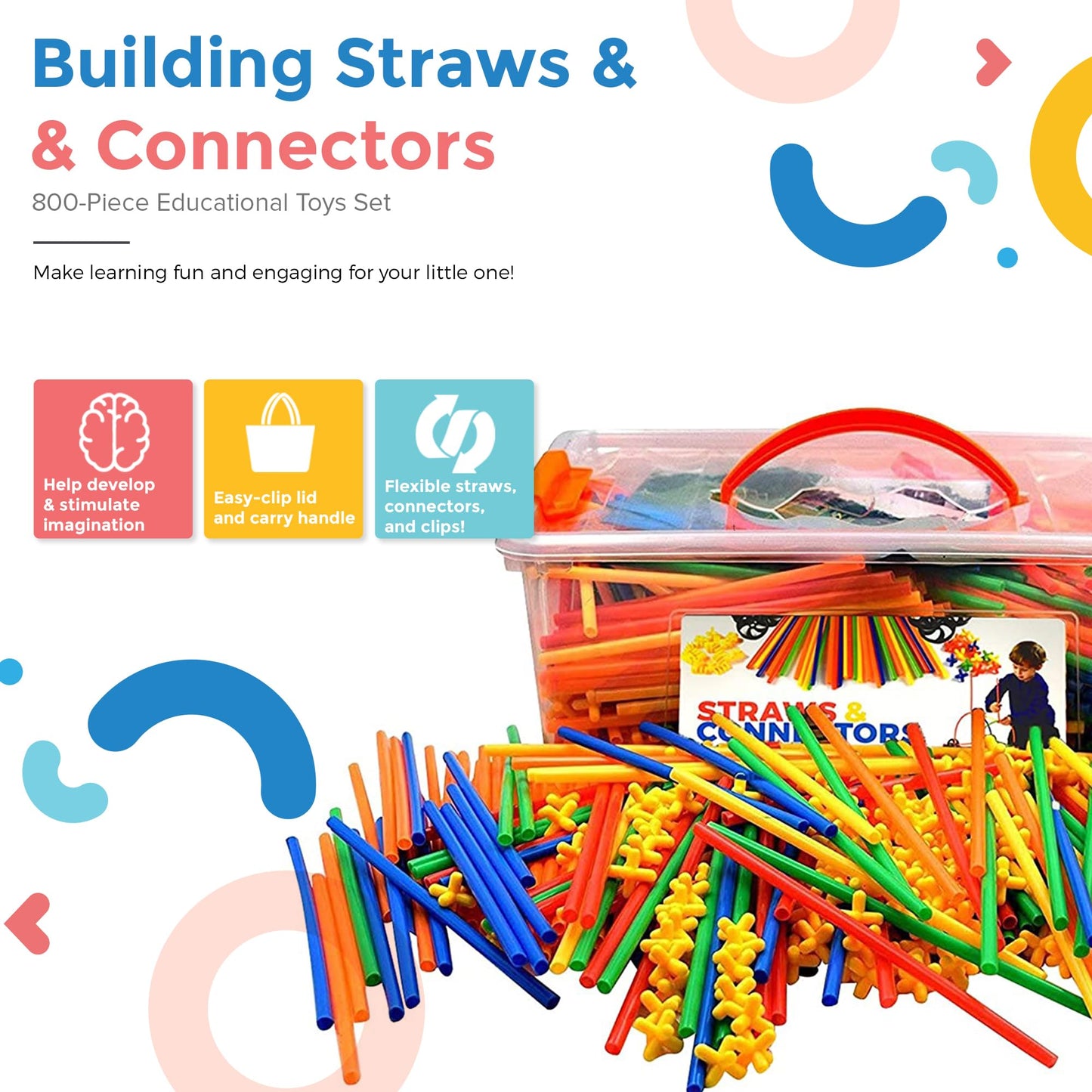Playlearn Large 816 Piece Straws Builders Construction Building Toy - 8 Inch Full Size Straws - Giant Pack with Wheels and Speci