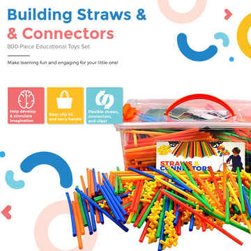Playlearn Large 816 Piece Straws Builders Construction Building Toy - 8 Inch Full Size Straws - Giant Pack with Wheels and Speci