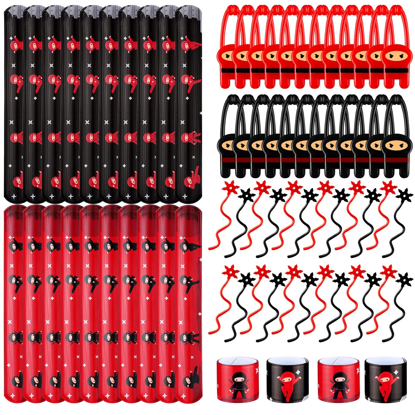 Jiuguva 72 Pcs Ninja Party Favors Toys Karate Birthday Party Supplies Include 24 Warrior Slap Bracelets 24 Stretchy Flying Ninja