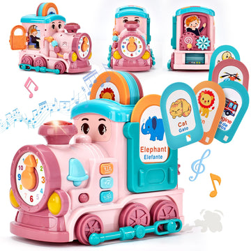 Musical Toy For 1 2 Year Old Girl Gifts,First Year Activity Musical Train With Talking Flash Cards Bilingual (En/Es), Educational Learning Toys For Toddlers, Baby Toys 12-18 Months Girl Easter Gifts