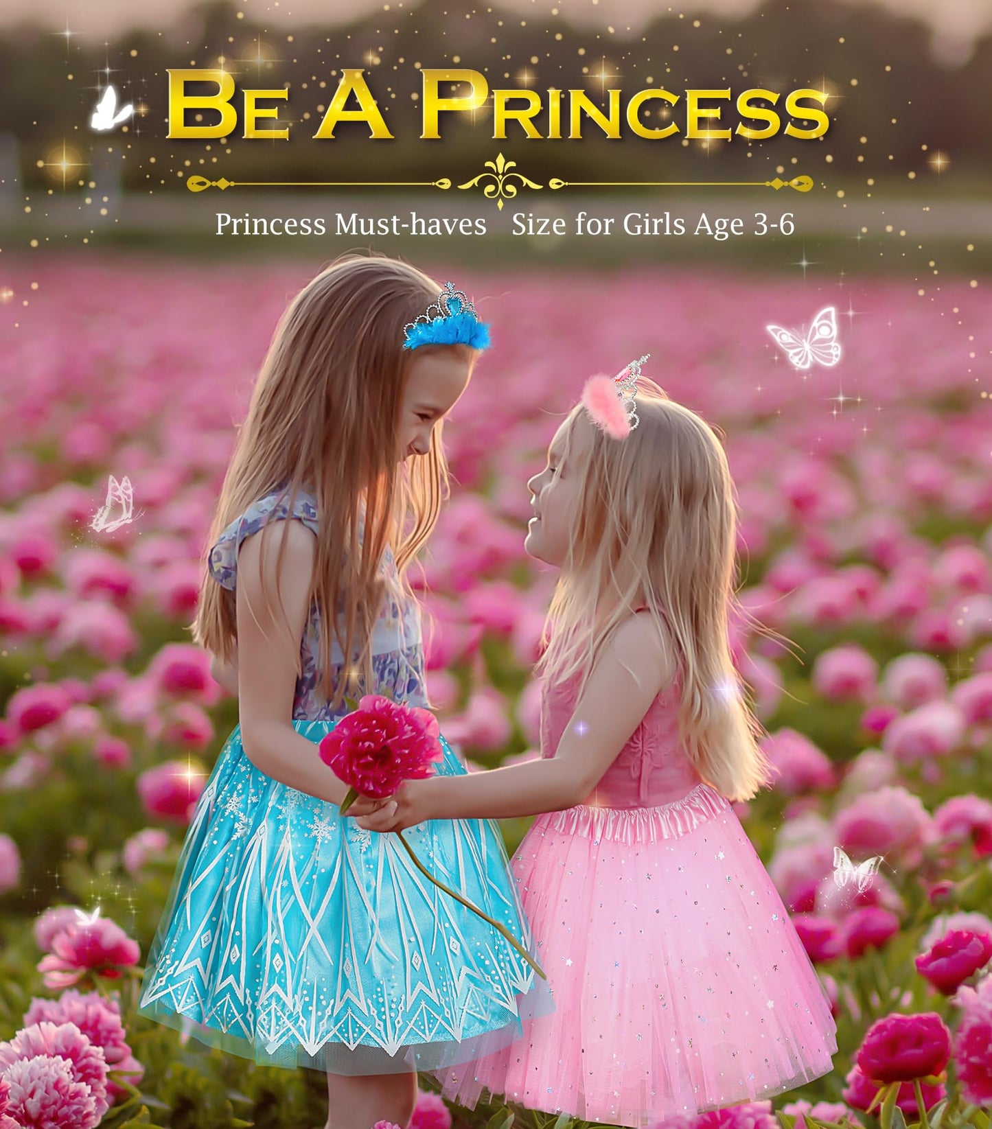 Bibuty Kids Princess Dress Up Clothes For Little Girls, Pretend Play & Dress Up Costume Set For 3-6 Toddler Little Girls (Pink/Blue)
