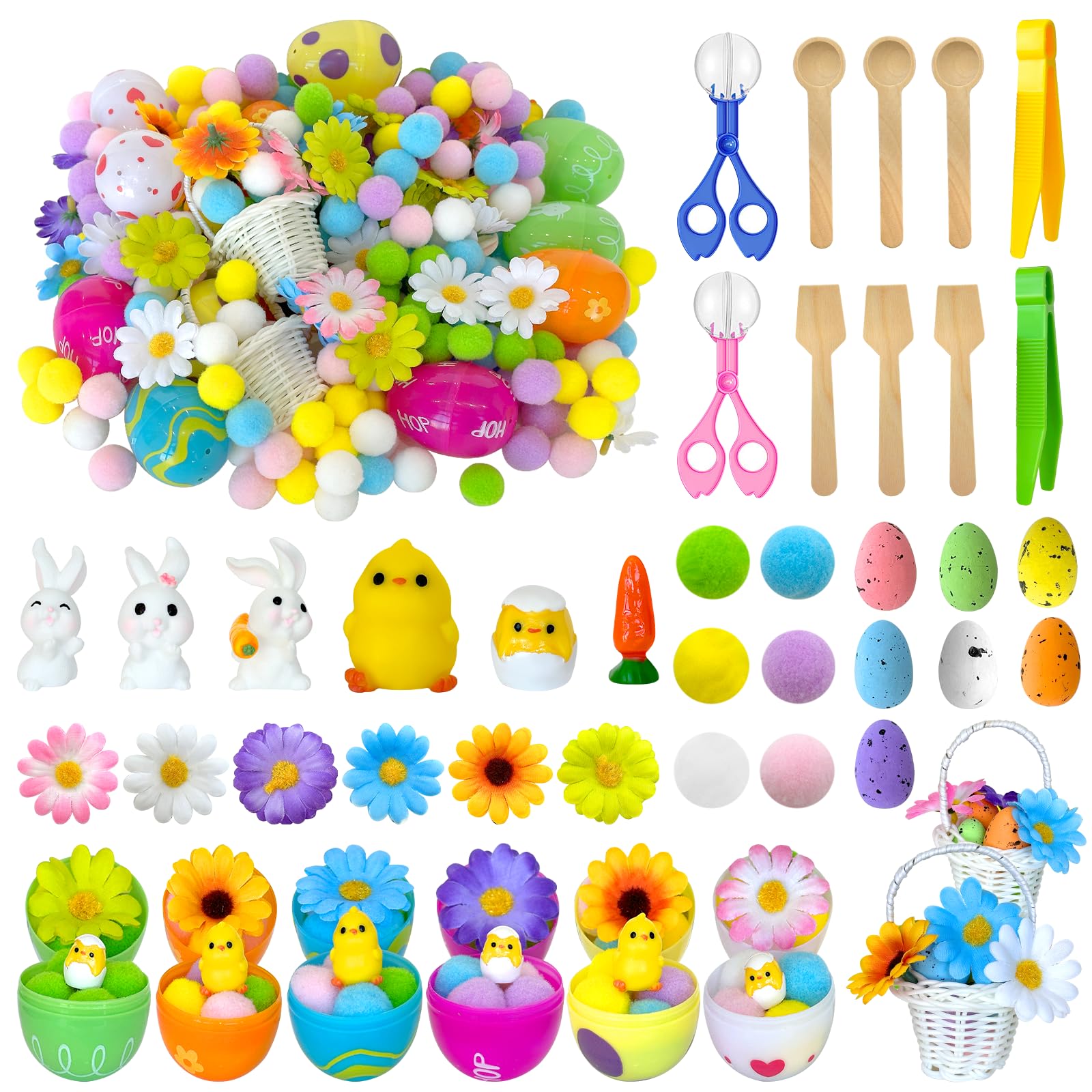 303 Pcs Easter Sensory Bin Filler Fine Motor Toys Include Pompom Easter Eggs Resin Bunnies Resin Chicken Figurines Flowers Clip