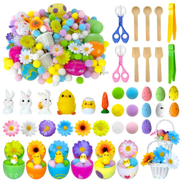 303 Pcs Easter Sensory Bin Filler Fine Motor Toys Include Pompom Easter Eggs Resin Bunnies Resin Chicken Figurines Flowers Clip