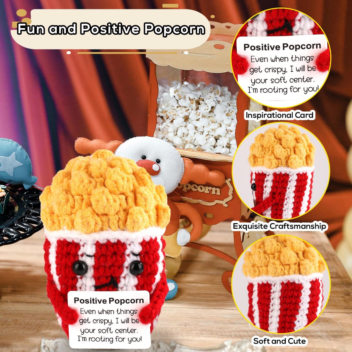 TOYMIS Popcorn Crochet Doll - Positive Knitted Food Doll for Party Decoration and Inspirational Gift