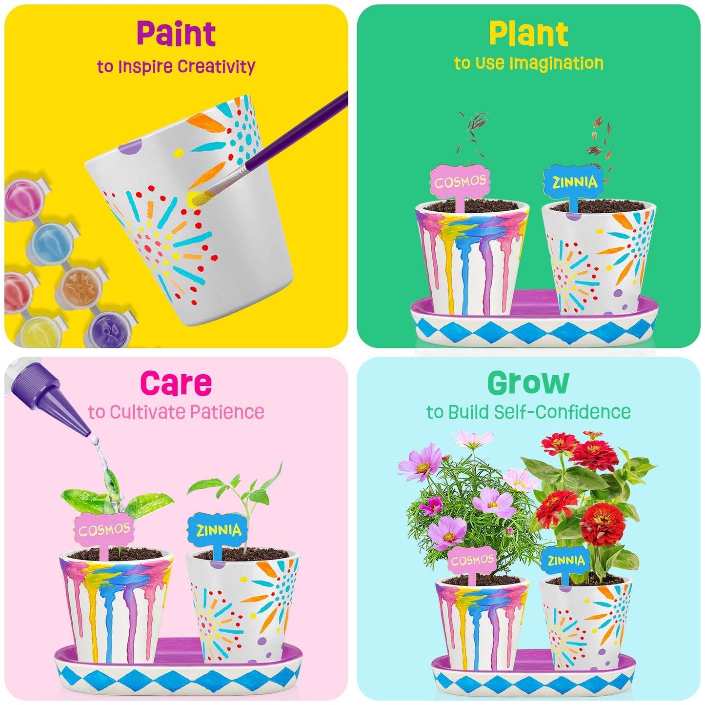 4 Set Paint & Plant Flower Gardening Kit - Gifts For Girls Ages 8-12, Arts And Crafts For Kids Ages 8-12, Kids Gardening Set, Bi