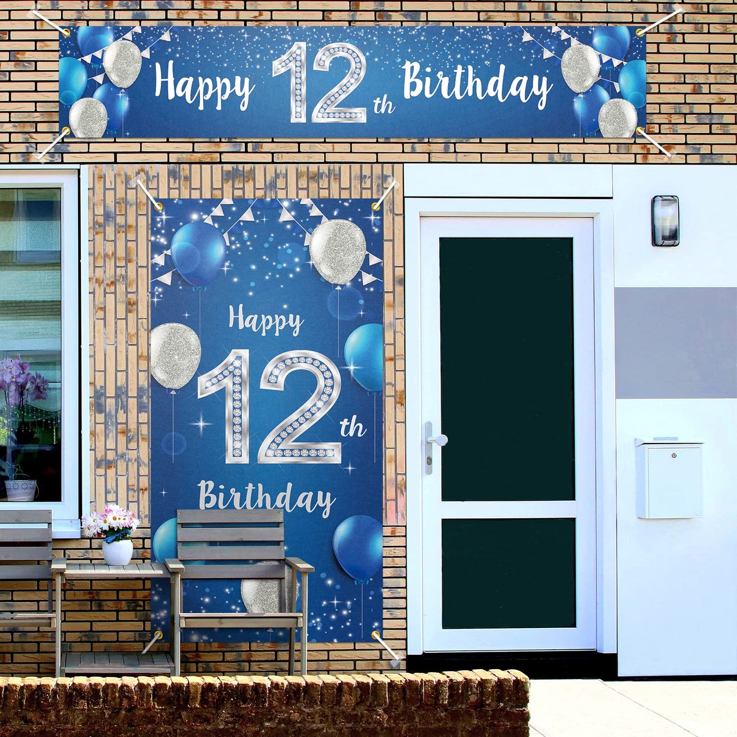 Happy 12Th Birthday Door Cover Porch Banner Sign Set - 12 Years Old Birthday Decoraions Party Supplies For Men - Blue
