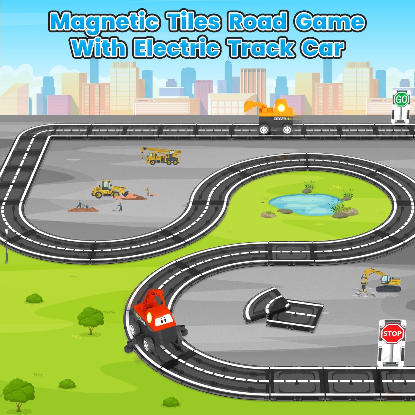 Magnetic Tiles Roads Engineering Vehicle Set, Magnetic Blocks Road Truck Car Toys for 3 4 5 6 Year old Boys Girls, Cars Games Cl