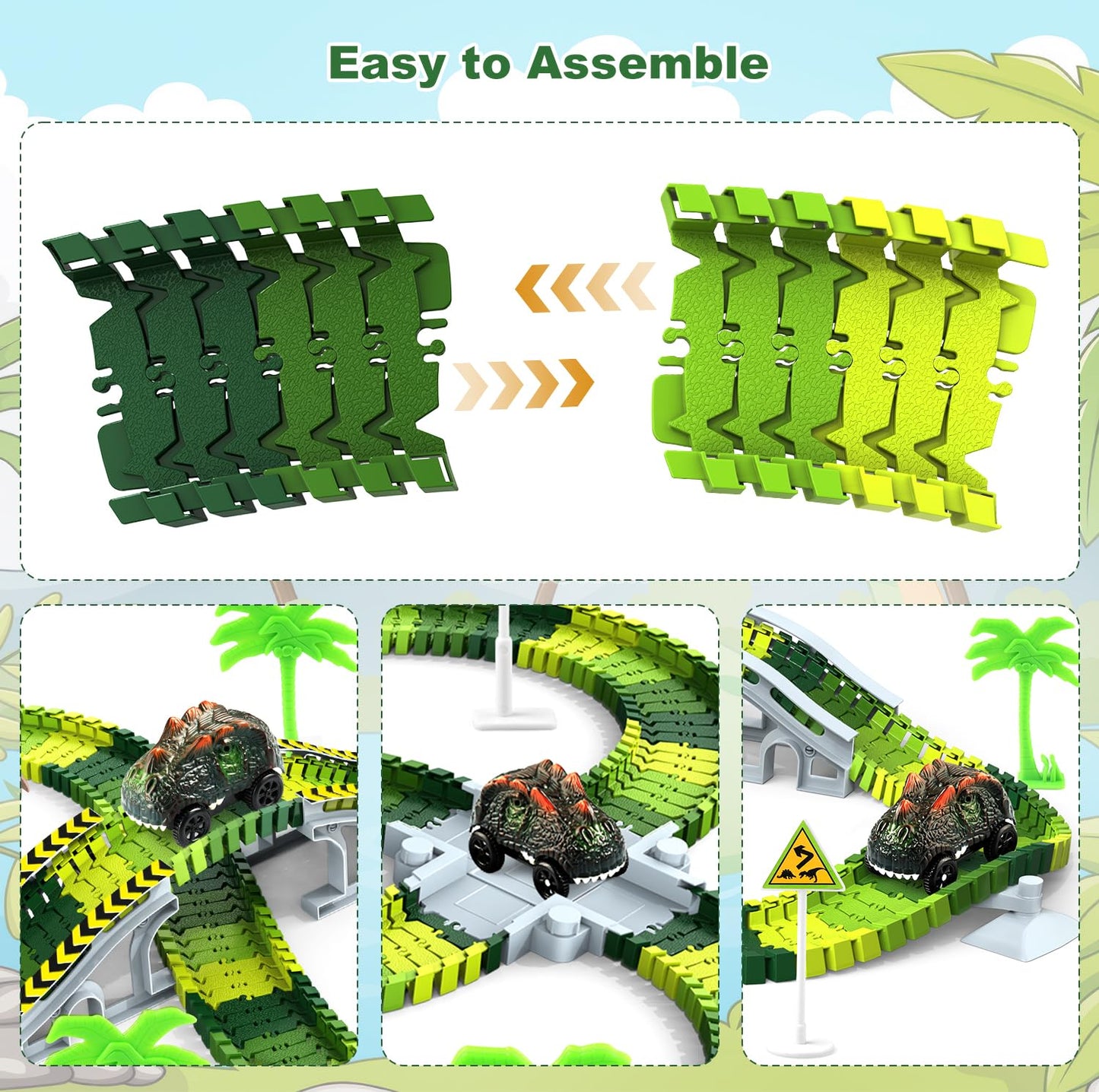 Dinosaur Toys, Create A Dinosaur World Road Race Tracks Glow in The Dark Flexible Train Track Playset, 2pcs Dinosaur Car for 3 4