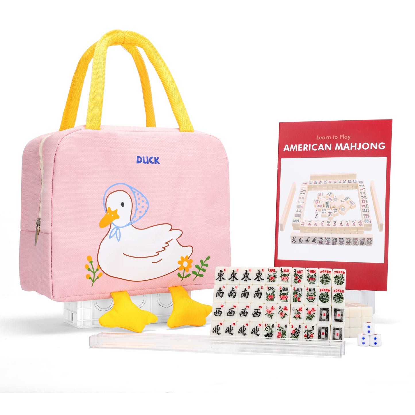drizzle Mini American Mahjong Set - 166 White Melamine Tiles, Jokers, Racks & Pink Duck Bag, 0.8" Size