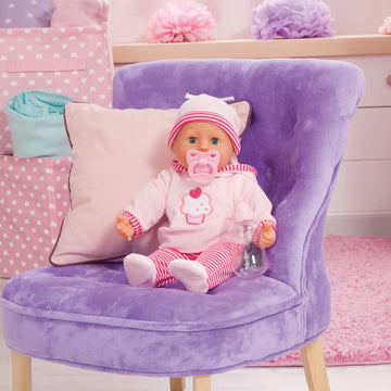 First Words Baby: Pink Cupcake 24 Sounds 15'' Doll - Pacifier & Bottle, Sleeping Eyes, Press Tummy For Sounds, Ages 3+